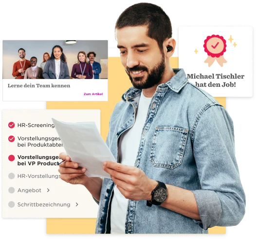 job candidate reading application, diverse team with checklist elements and success message