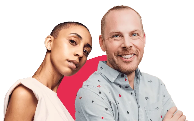 smiling man and woman posing together with vibrant background, diverse personalities in casual attire showcasing connection