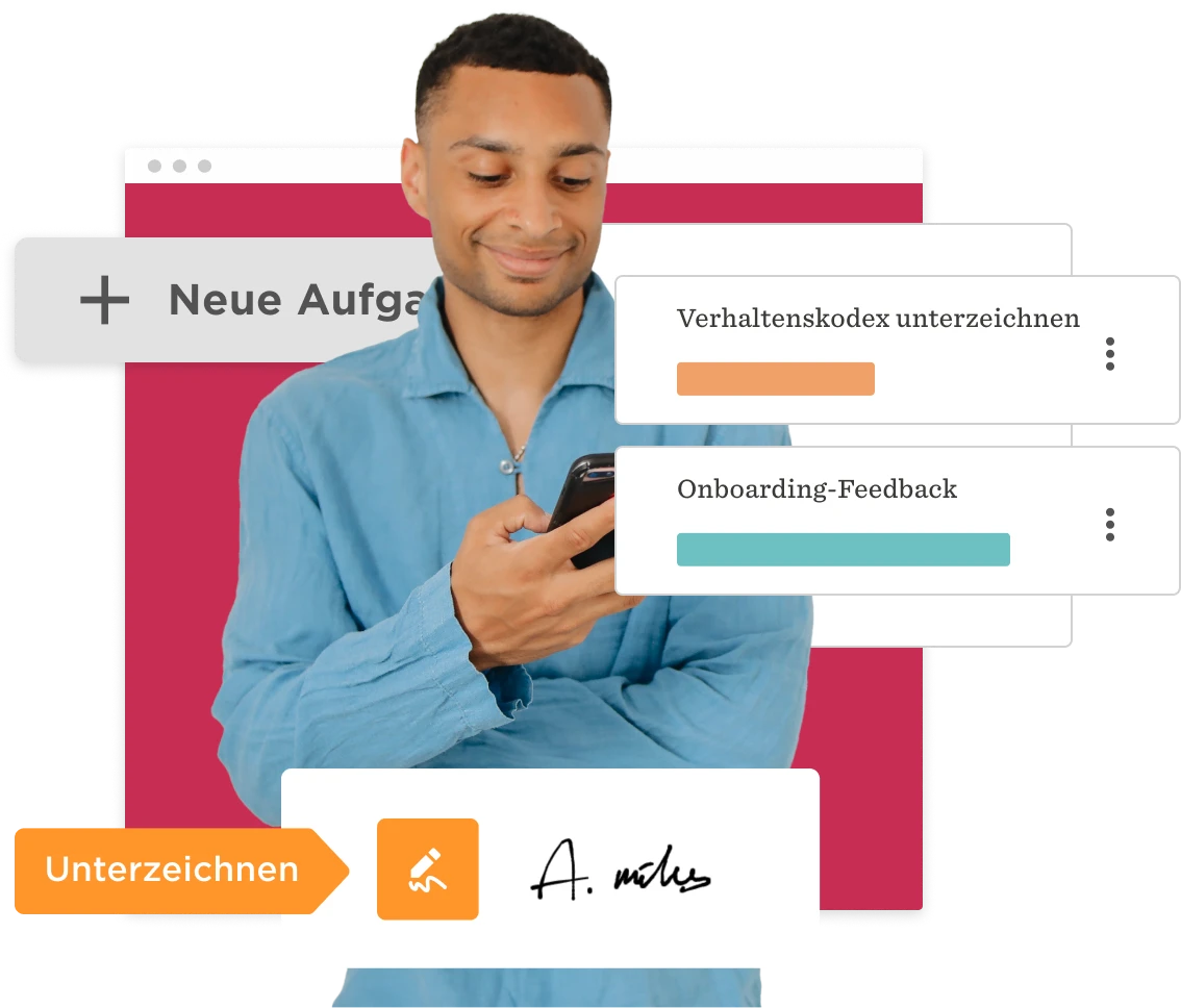 man using smartphone with digital task interface in background, highlights onboarding feedback and signature section, user interface showing onboarding tasks and signature action