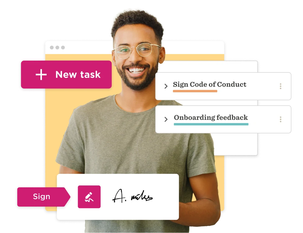 smiling man with glasses holding a digital signature document, tasks for signing including code of conduct and feedback