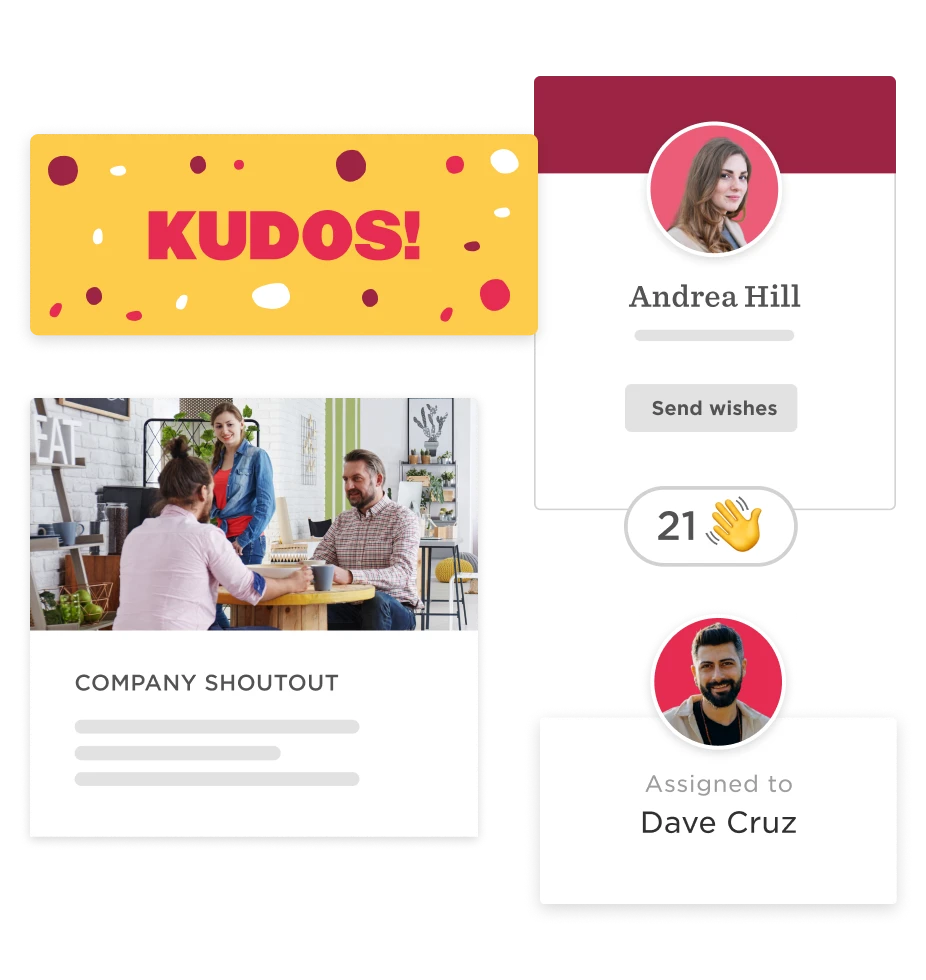 Kudos celebration with coworkers in a vibrant office, featuring an interactive company shoutout and profiles., Kudos, CompanyShoutout