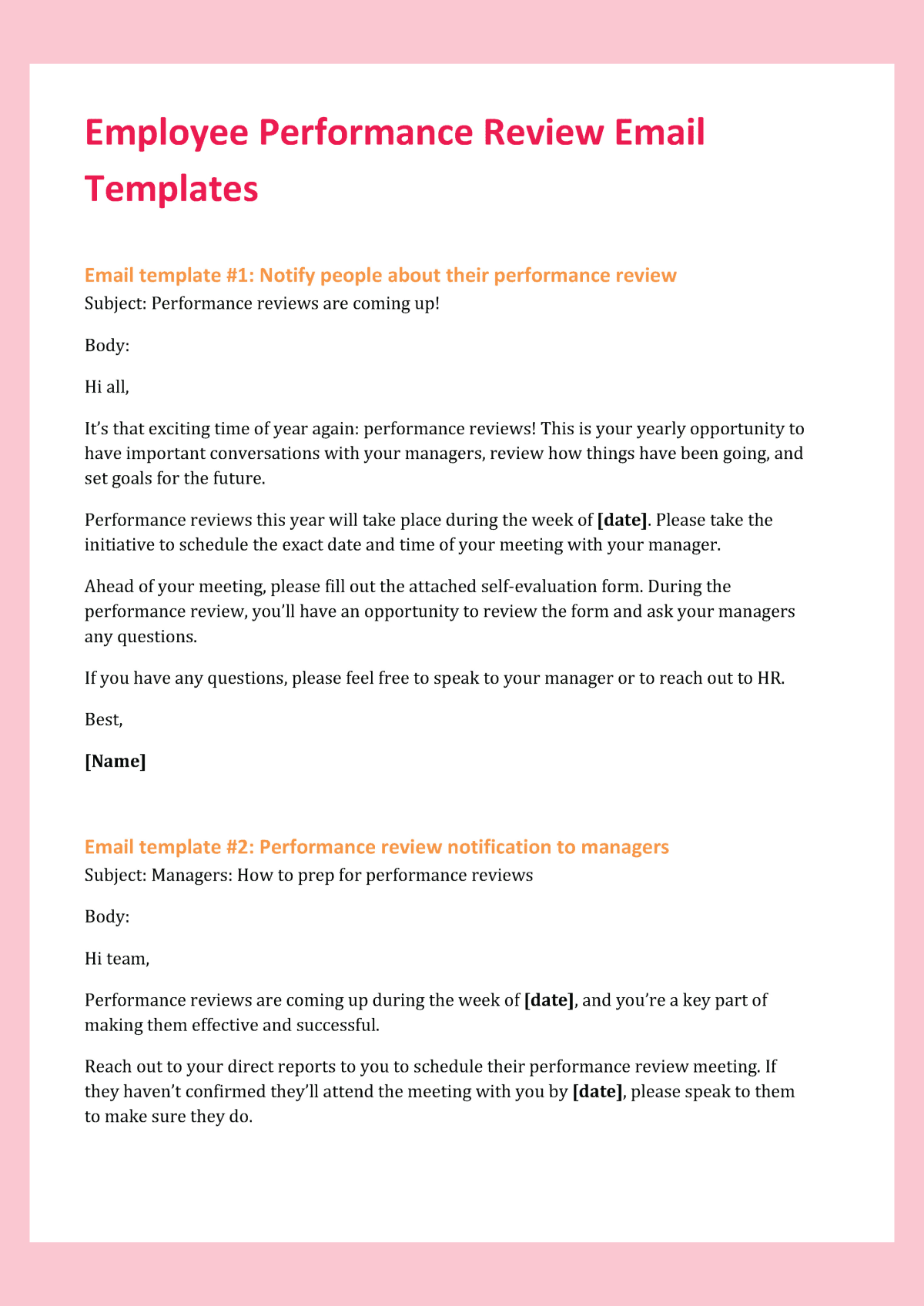 Screenshot examples of employee performance review email templates by HiBob