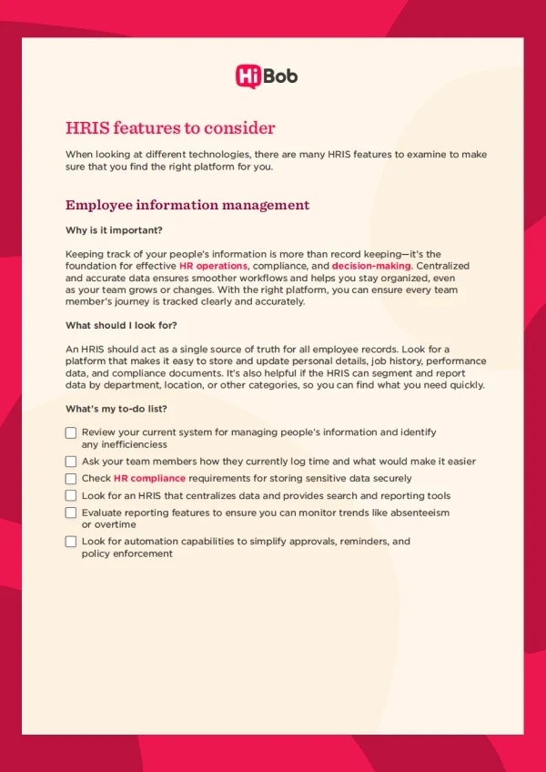 Screenshot of the HRIS requirements checklist and template by HiBob