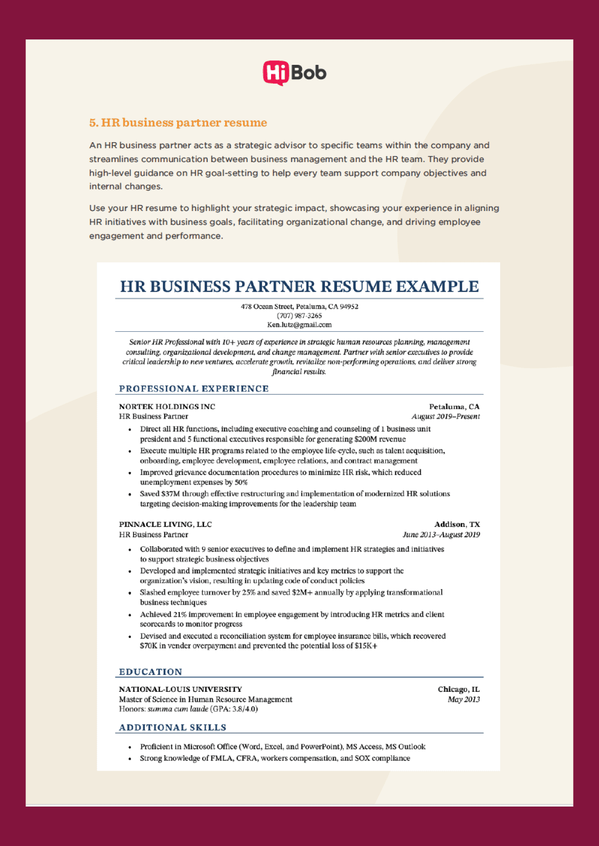 A screenshot of HiBob's HR Business Partner Resume Example - one of many HR templates available within the download link