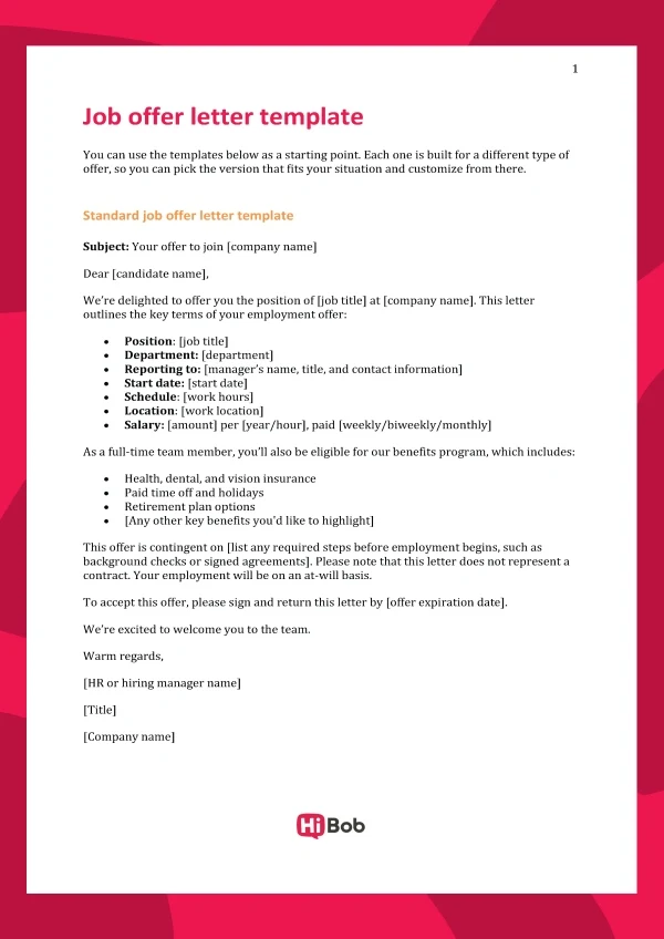 Screenshot of a job offer letter template by HiBob