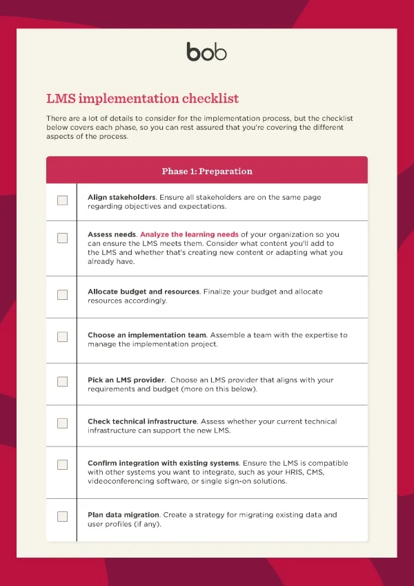 Screenshot of the LMS implementation checklist by HiBob