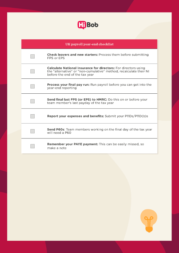 Screenshot of the UK payroll year-end checklist template by HiBob
