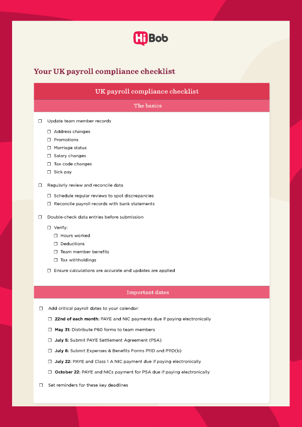 Screenshot of the UK payroll compliance checklist template for HR teams by HiBob