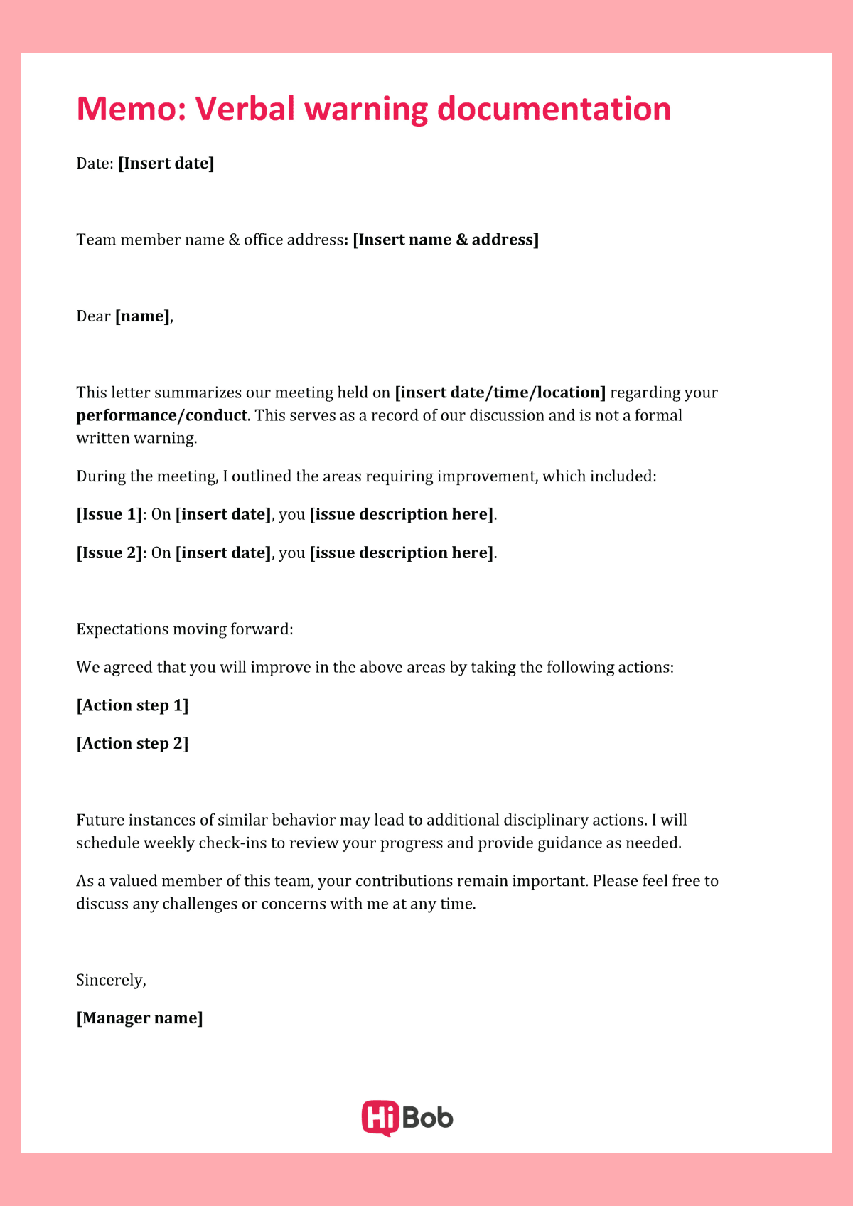 Screenshot of the verbal warning documentation template by HiBob