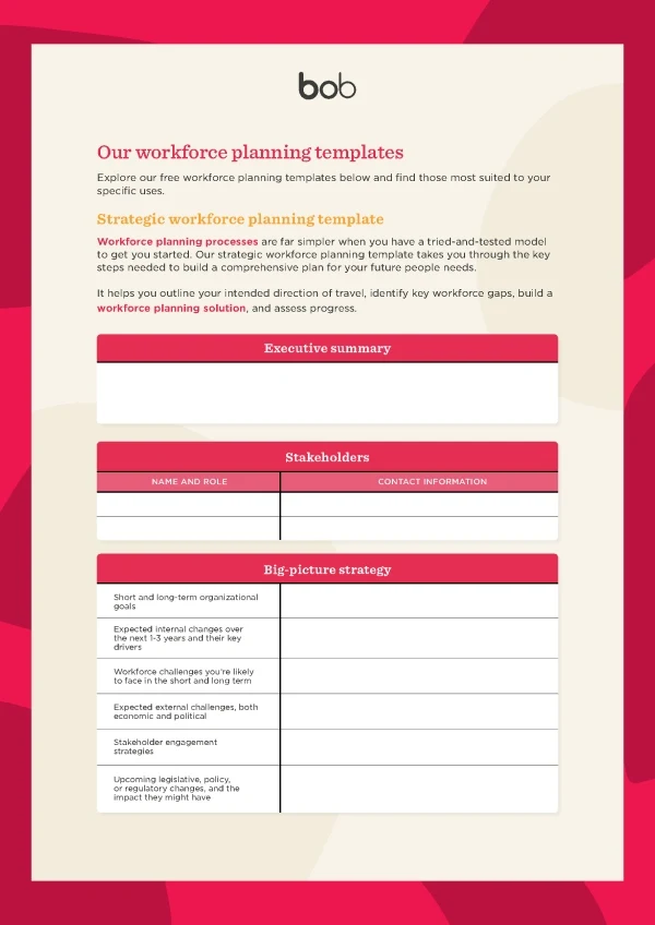 Screenshot of the free workforce planning templates by HiBob. This example shows the strategic workforce planning template.