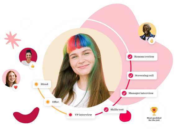 job application process, colorful candidate smiling with steps highlighted