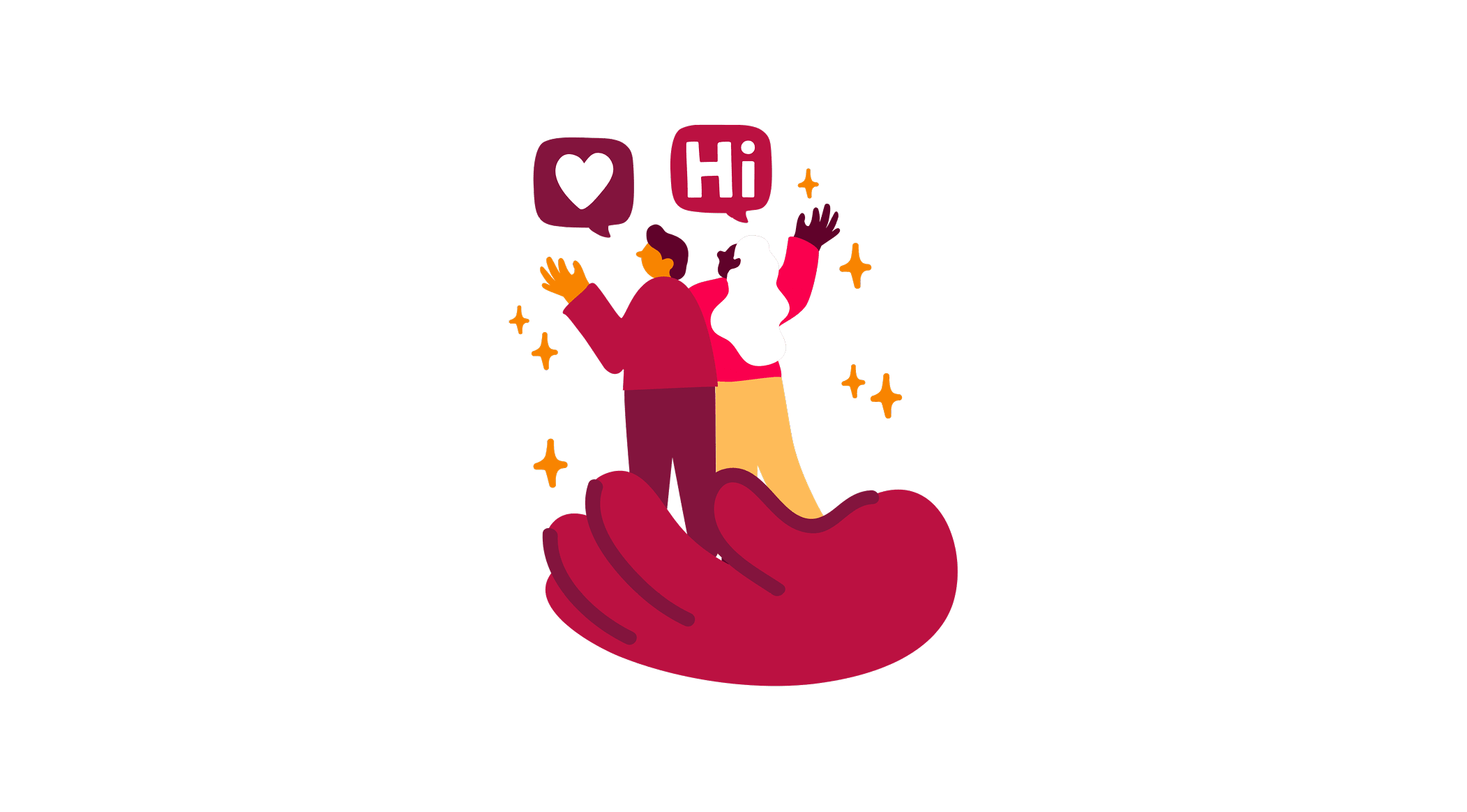 couple waving with speech bubbles saying 'Hi' and a heart, surrounded by sparkles in a warm, inviting design, illustration of connection and greeting