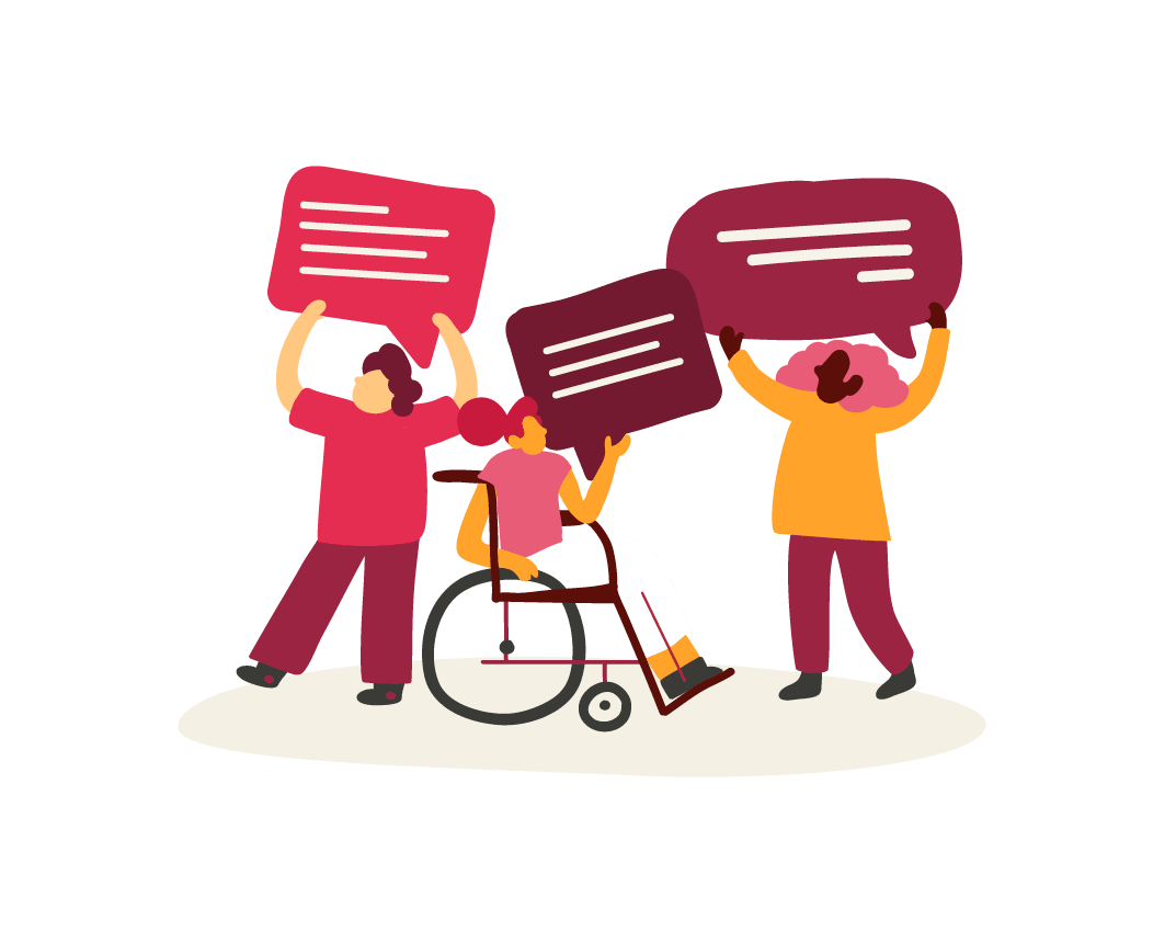 people raising speech bubbles, wheelchair user engaged in dialogue