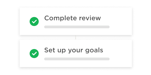 complete review checklist with progress bar, goal setting with completion indicator