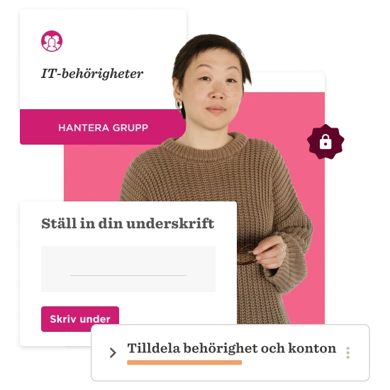 IT permissions interface with a woman in a cozy sweater, highlighting tasks like signing and managing group access. IT-behörigheter, Skriva under