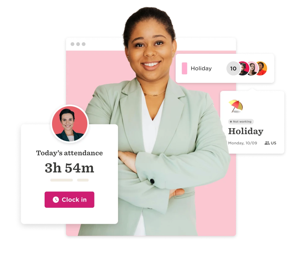 professional woman in a light green suit, displaying attendance stats and holiday status on a digital interface, attendance tracking and holiday notifications