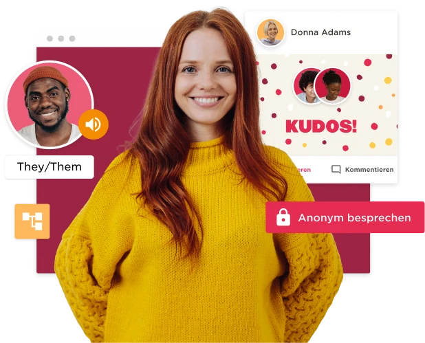 smiling woman in a yellow sweater with digital interface elements displaying audio features and social interaction, diverse digital platform promoting inclusivity and communication