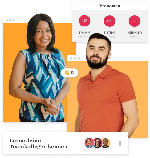 portrait of diverse professionals, cheerful greetings, highlighted pronouns data, and text about team introduction, team collaboration and identity recognition