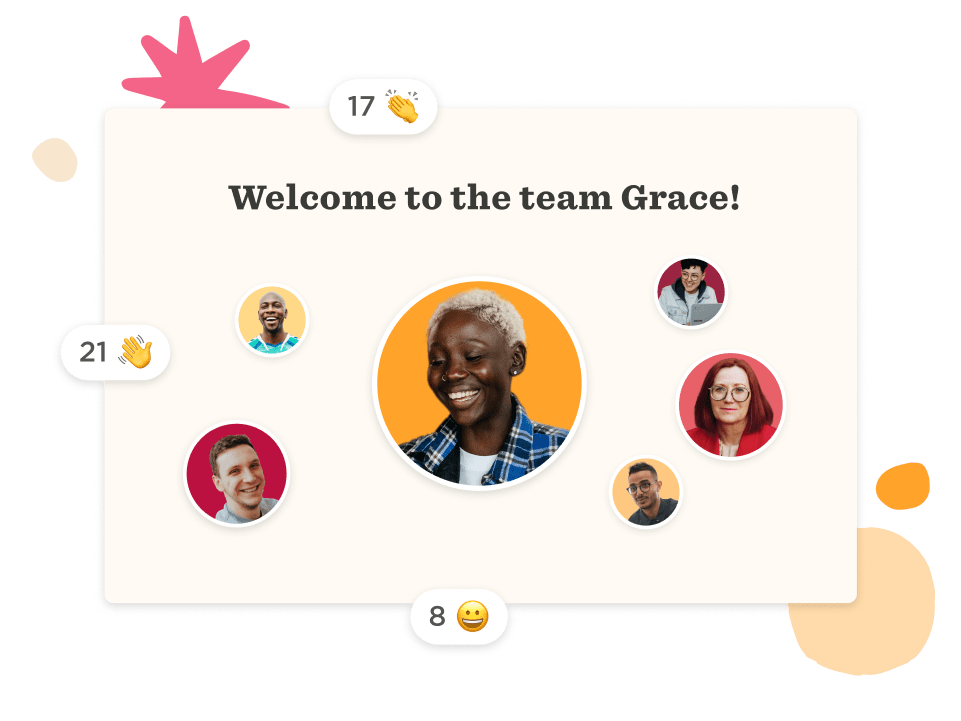 welcome team graphic, diverse team members smiling