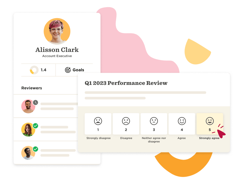 Alisson Clark's performance review, rating scale, and reviewer icons with graphical elements and progress indicators., performance review, employee feedback