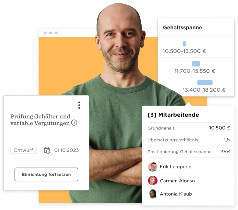 Mann in grünem Shirt mit Gehaltsanalyse-Interface, zeigt Gehaltsspannen und Mitarbeitende., Gehaltsprüfung, Mitarbeitende