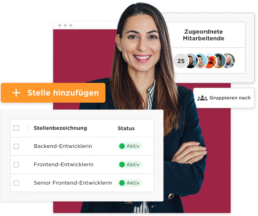 job management interface, professional woman smiling with job listings and active status indicators