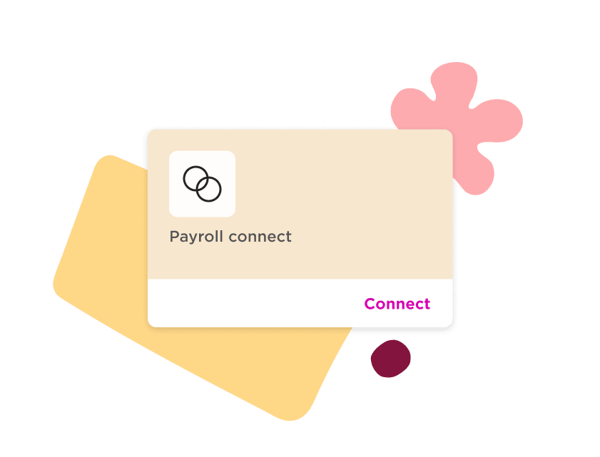 Payroll connect card with icons on colorful background, featuring 'Connect' button in vibrant pink., Payroll connect card, Connect button in pink