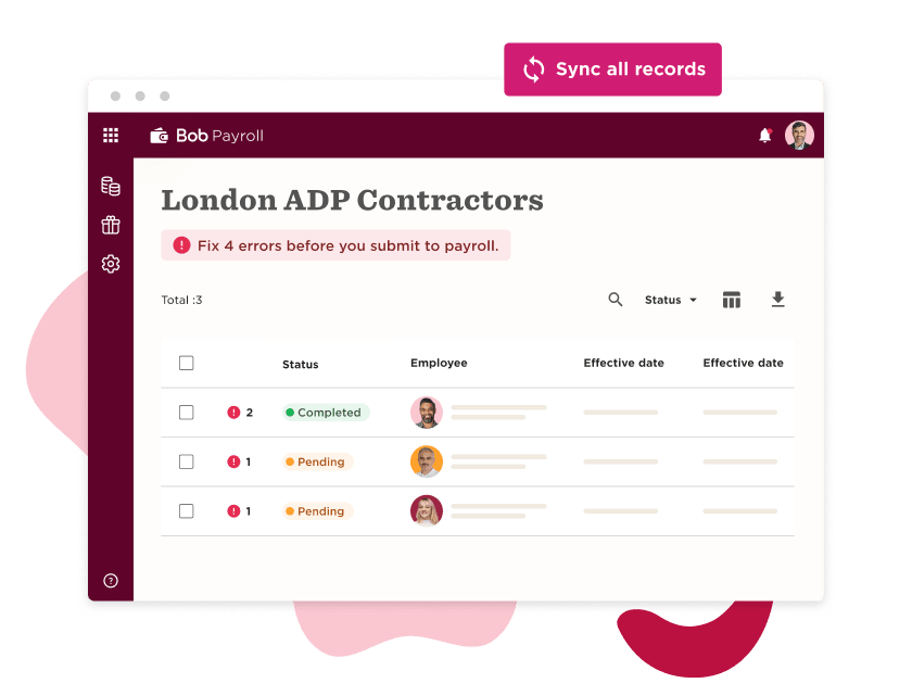 Bob Payroll interface showing London ADP Contractors with error notifications, employee status, and effective dates. , BobPayroll, LondonADPContractors