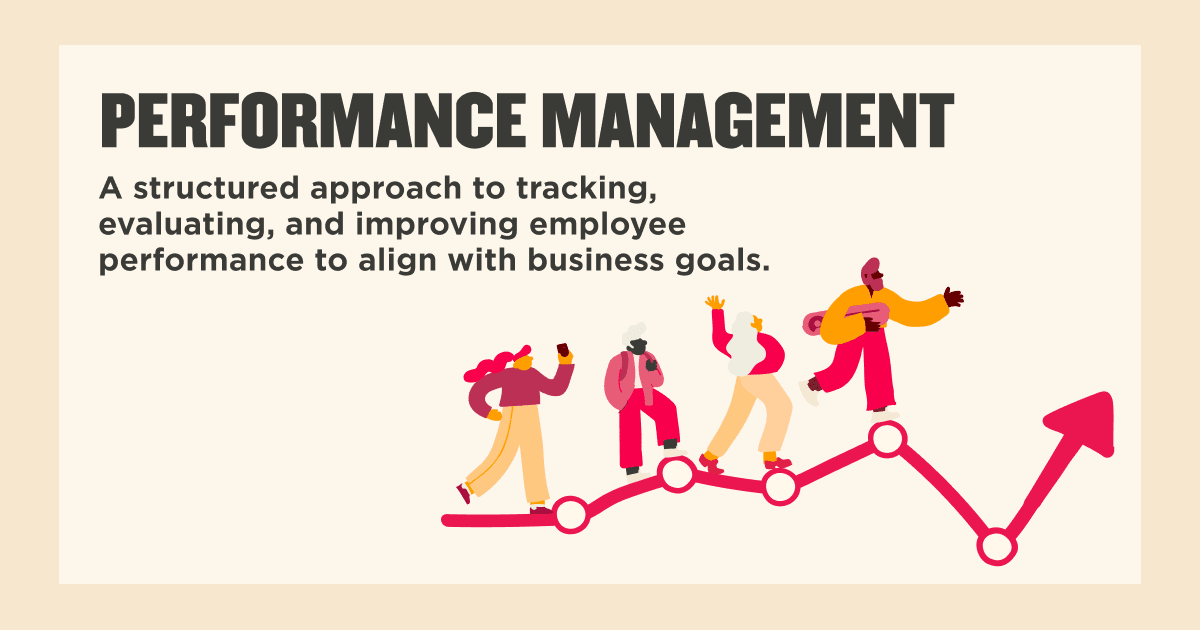 performance management, employee performance evaluation and improvement on a rising graph with colorful illustrations