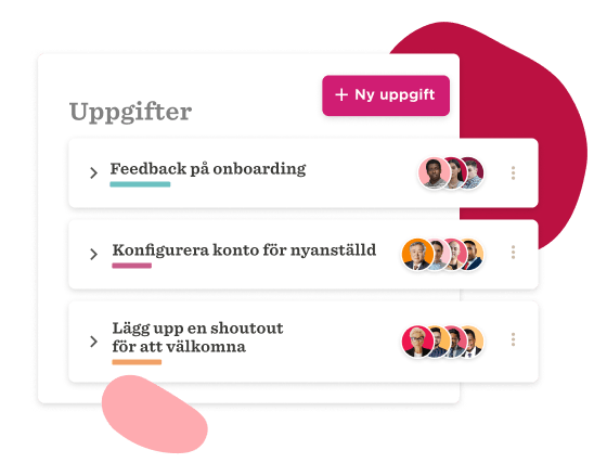 Uppgifter list with task details and user avatars, featuring onboarding feedback and shoutout setup. Ny uppgift button. , Uppgifter, Ny uppgift