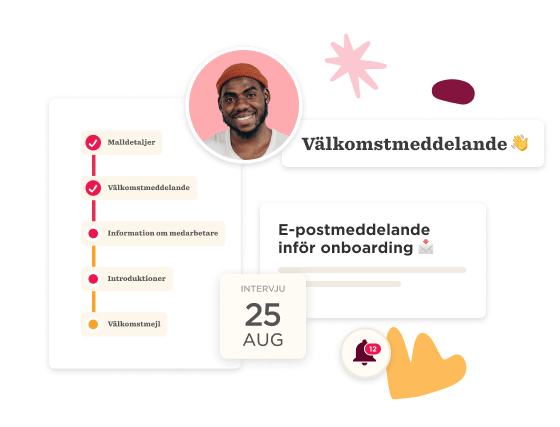 Välkomstmeddelande med checklistor för onboarding, innehållande datum och medarbetarinformation., onboarding, checklist