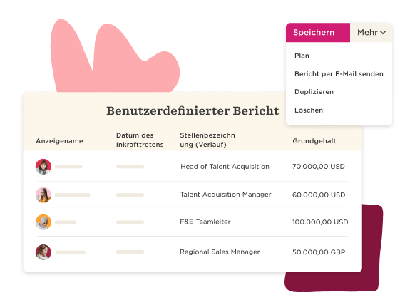 Benutzerdefinierter Bericht mit Stellenangeboten und Gehältern, inklusive Optionen zum Speichern und Versenden., Stellenangebote, Gehaltsübersicht