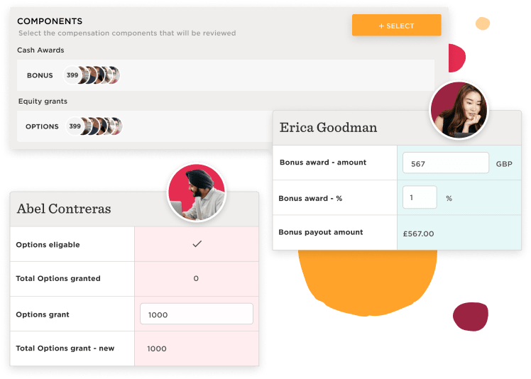 compensation breakdown with cash awards and equity grants; user stats for Erica Goodman and Abel Contreras, salary structure with bonus amount and options grant details