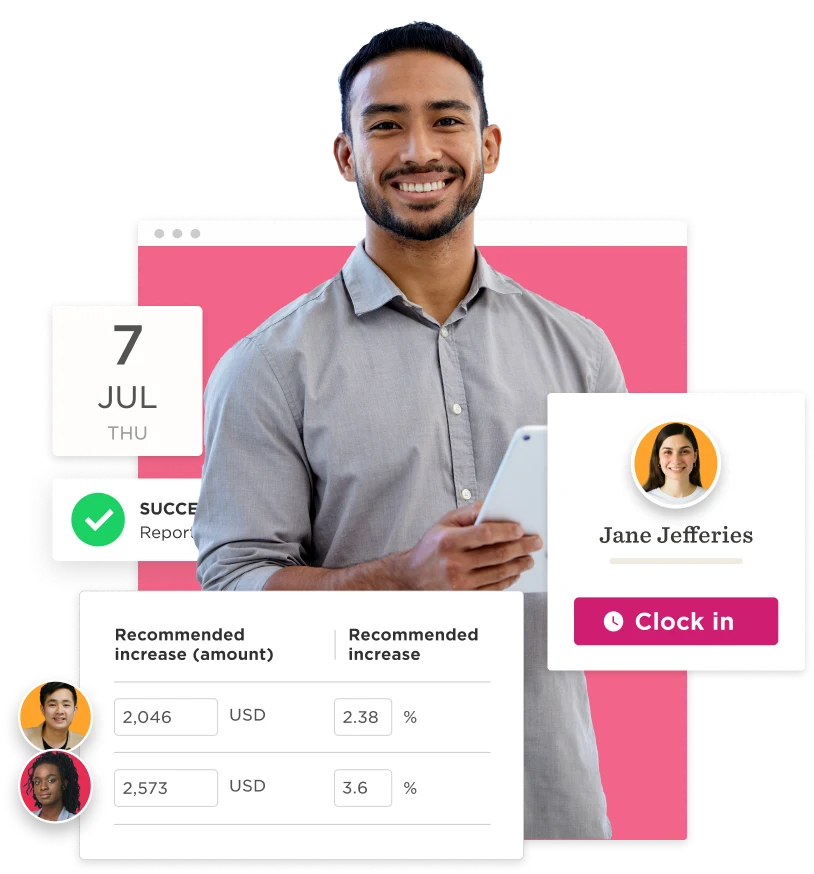 man smiling with phone, statistics on productivity increase, user dashboard interface, employee performance insights, task management