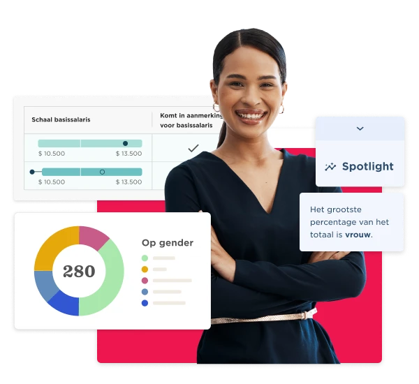 woman smiling with charts and data on salary range and gender distribution, business analytics and insights visualization