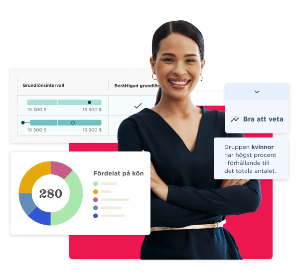 data visualization, professional woman smiling with graphs and charts illustrating salary data and gender distribution statistics