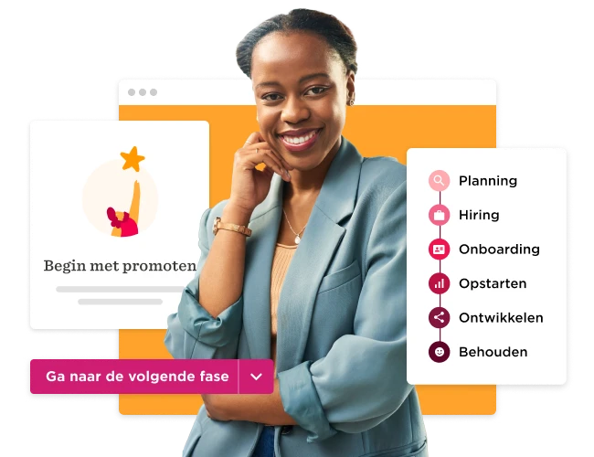 vrouw met een glimlach en een blazer, presentatie van stappen in een proces voor promotie en onboarding, promotie en onboarding proces visualisatie