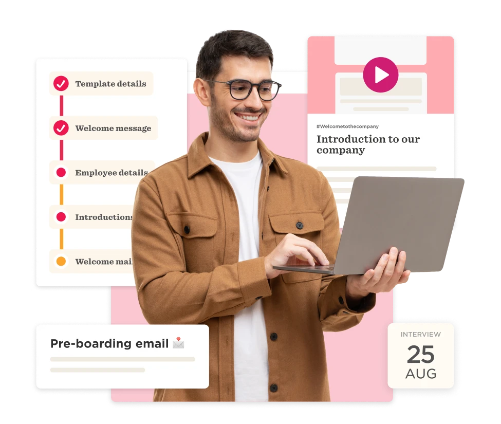 pre-boarding email and onboarding templates with a smiling man using a laptop, introduction to our company video presentation