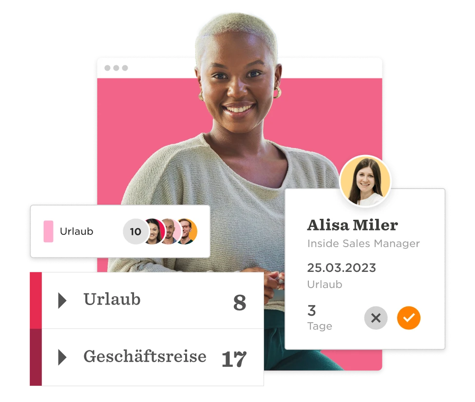 woman smiling in sweater with dashboard showing vacation and business trip details, profile of Alisa Miler, Inside Sales Manager