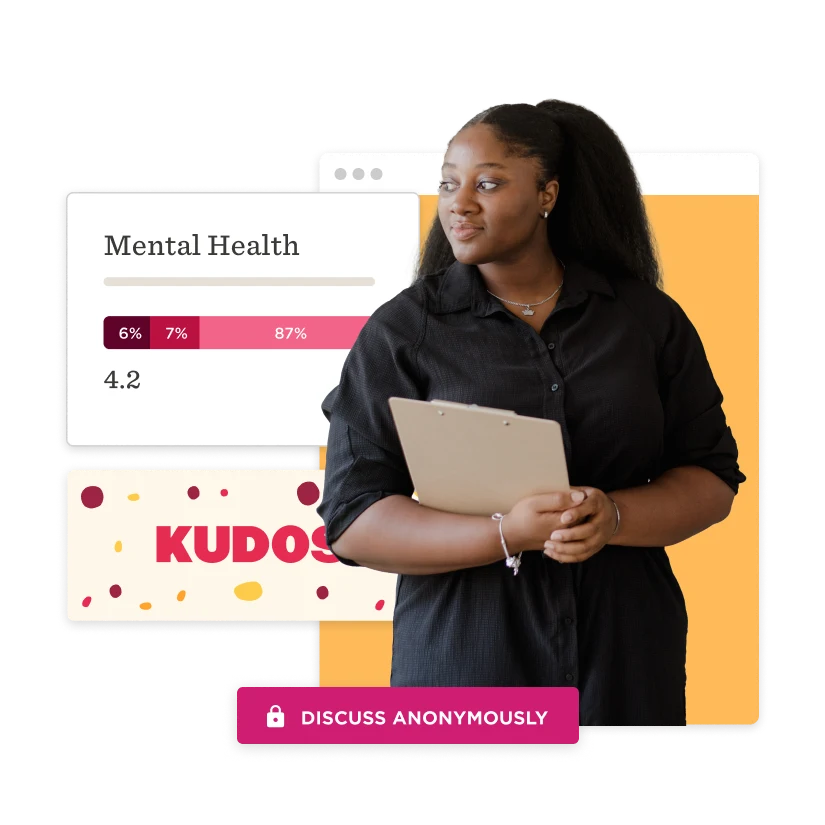 Mental health discussion with a chart, a young woman holding a clipboard, and "Kudos" highlight for engagement. , mental-health, kudos