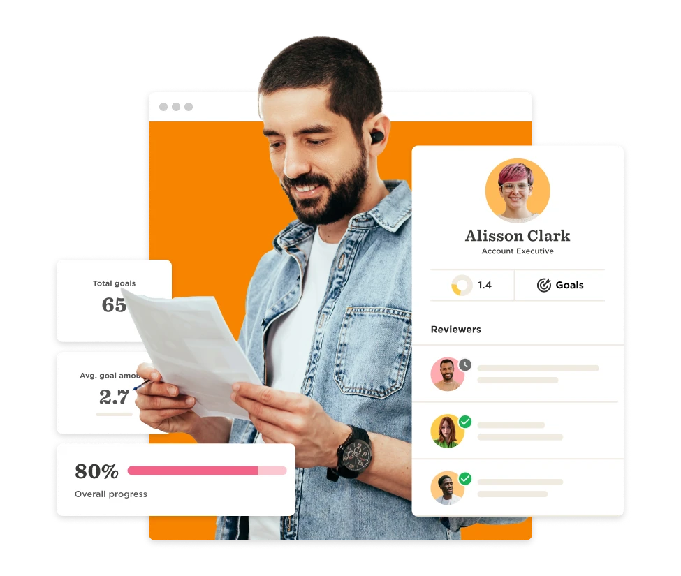 man reviewing goals document with progress indicators, showcasing performance metrics and personal profile, goals, progress tracking, professional profile