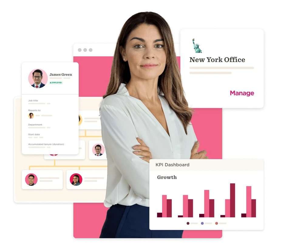 professional woman in white blouse showcases KPI dashboard and employee profile for New York office management, employee profile KPI dashboard visualization