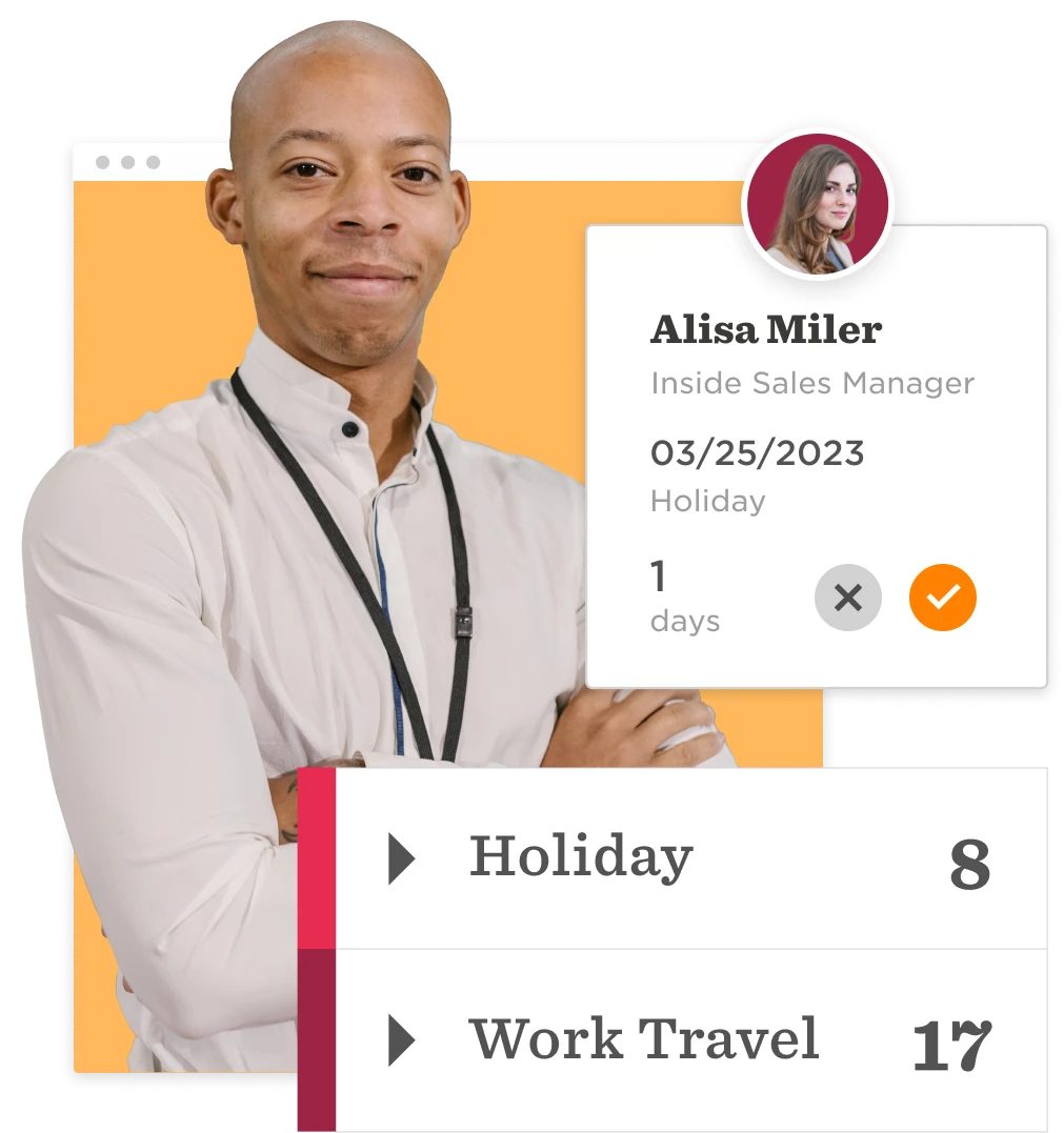 Holiday planning interface showcasing a smiling professional with calendar details and vacation metrics., Smiling professional in a holiday planning UI with vacation stats and a calendar.