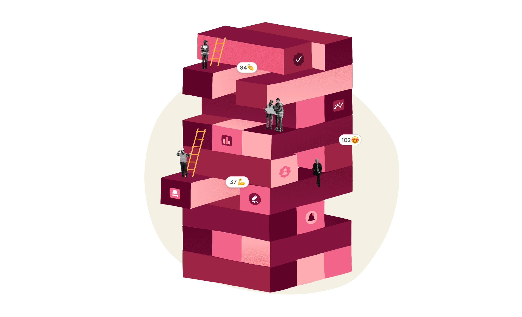 visual representation of success metrics with people scaling colorful blocks, illustration depicting data analysis with ladders and figures