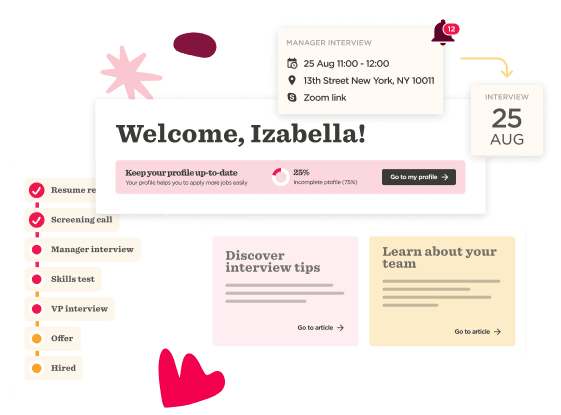 Welcome screen for job interview platform with profile progress, interview schedule, and helpful tips for applicants. welcome, interview-tips