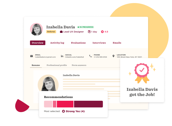 Izabella Davis profile with job status, recommendations, and UX designer details displayed in a visual layout., Job application summary, UX designer profile details