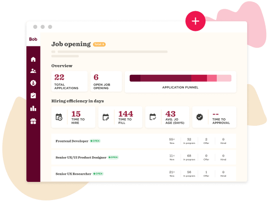 job opening overview displaying applications, hiring efficiency, and time metrics in a user-friendly interface, recruitment dashboard with statistics