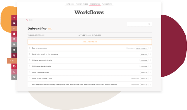 Onboarding workflow dashboard with tasks for new employees, highlighting action items like computer setup and email initiation. workflows, onboarding_tasks