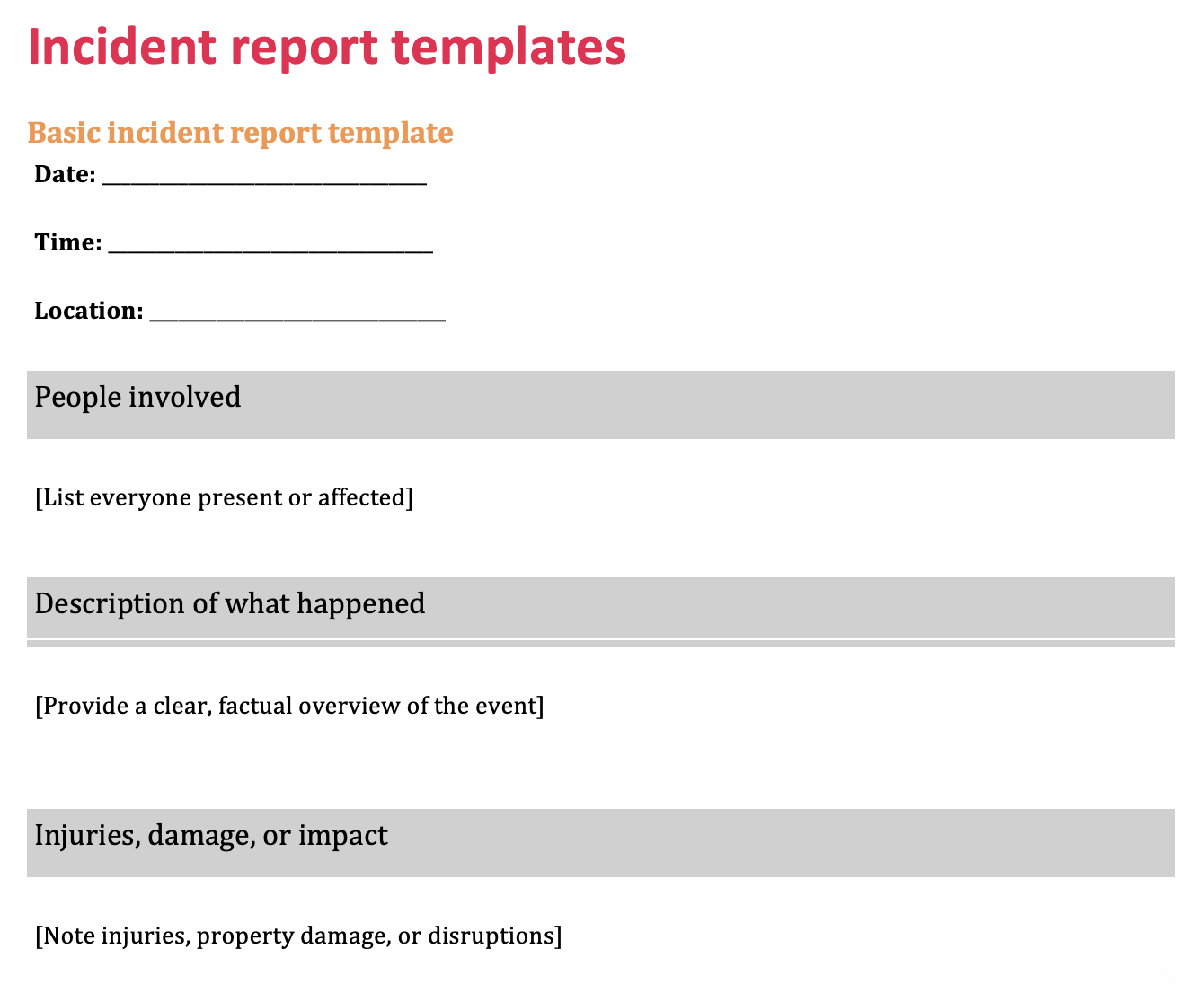 incident report template, fields for date, time, location, involved people, event description, and impact assessment
