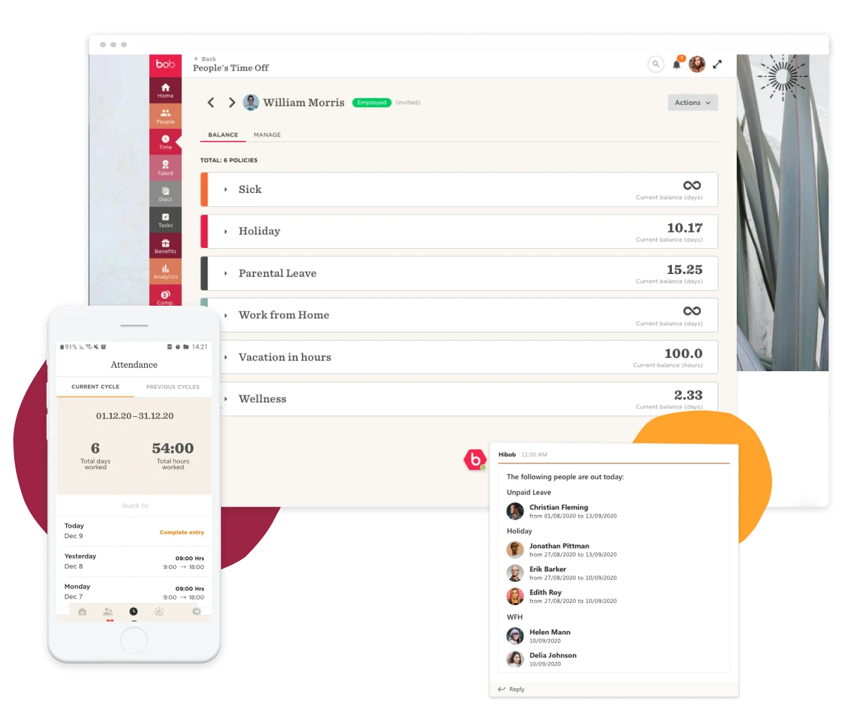 bob interface showing employee time-off details and attendance tracking on phone. HR management tools for leave policies.